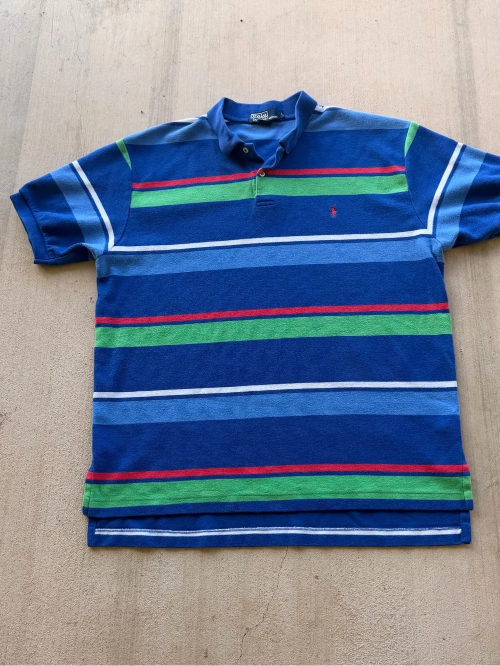 Vintage 90s Polo Ralph Lauren Blue Stripe Polo with Green & Red Accents